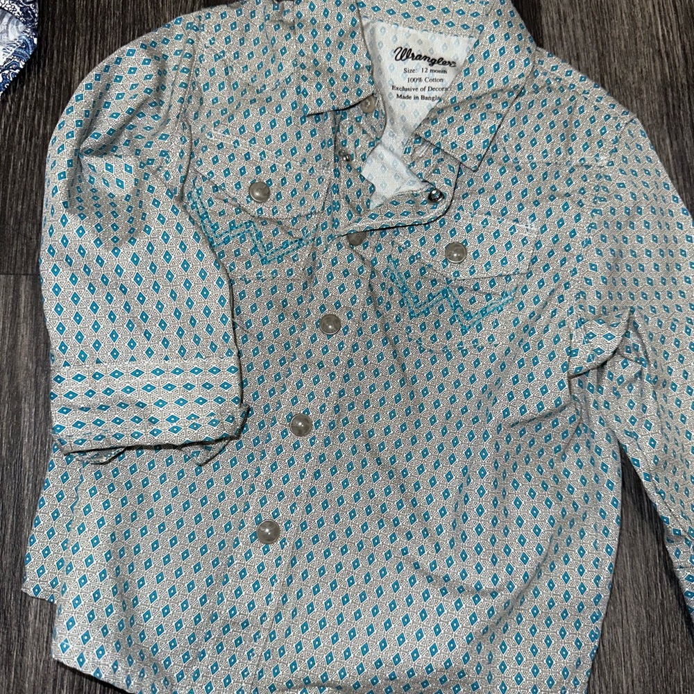 Wrangler Teal and White Diamond-Print Button-Down Shirt